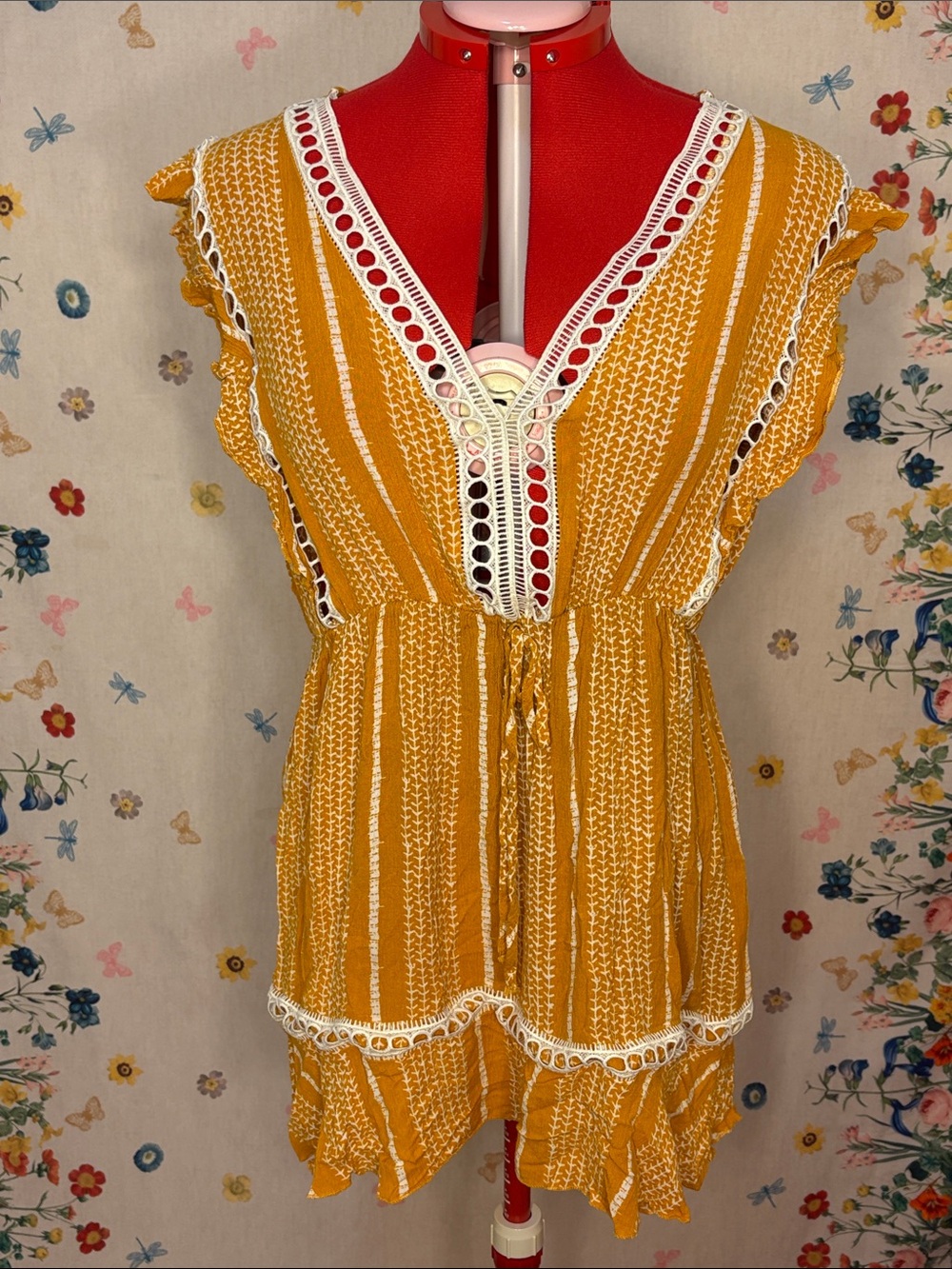 Simplee -  Yellow Mustard V-Neck Crochet-Trim Mini Dress